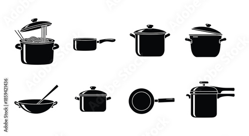 Black and white illustration of various cooking pots and kitchen utensils
