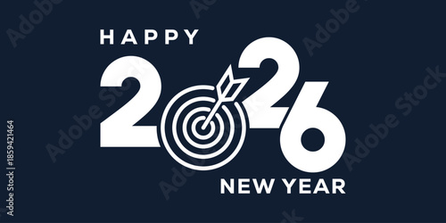Stylish Happy New Year 2026 greeting with bold white typography on navy blue background, perfect for festive cards, banners, posters, and holiday invitations. Clean, modern vector design.