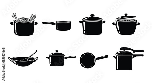 Black and white illustration of various cooking pots and kitchen utensils