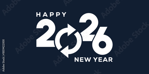 Stylish Happy New Year 2026 greeting with bold white typography on navy blue background, perfect for festive cards, banners, posters, and holiday invitations. Clean, modern vector design.