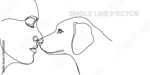 Woman and dog touching noses in single line. Vector illustration
