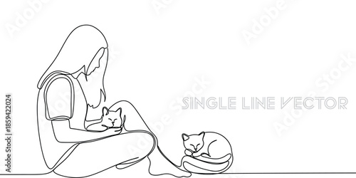 Girl sitting with two sleeping cats in single line art. Vector illustration