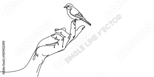 Single line drawing of bird perched on a human hand. Vector illustration
