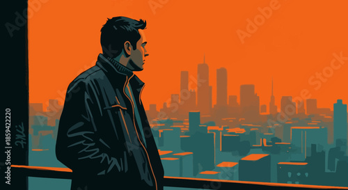 Man Looking Over City At Sunset