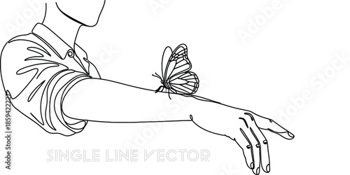 Single line drawing of butterfly on human arm. Vector illustration