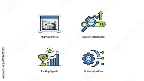 Infographic icons representing analysis, search, ranking, and optimization concepts