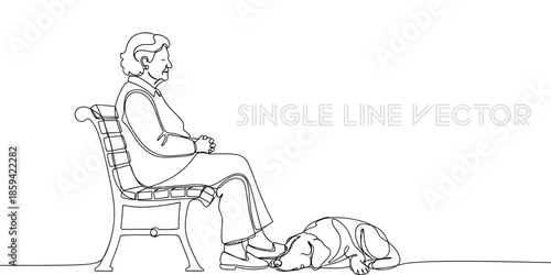 Senior woman sitting on park bench with sleeping pet dog. Vector illustration