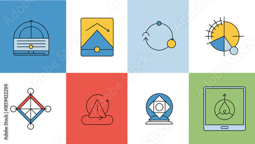 A collection of abstract icons representing various concepts displayed on a grid of colored squares