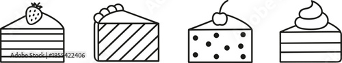 Outline Vector Icon Set Featuring Diverse Cake Slices Including Strawberry Topped Layered Gateau Cherry Cheesecake and Creamed Pastry