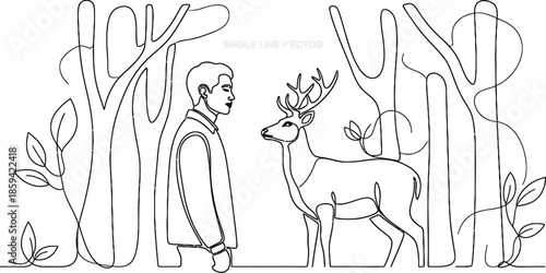 Man and deer meeting in a forest single line art. Vector illustration