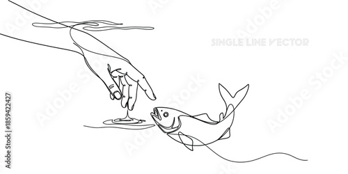 Hand touching water with jumping fish line art. Vector illustration