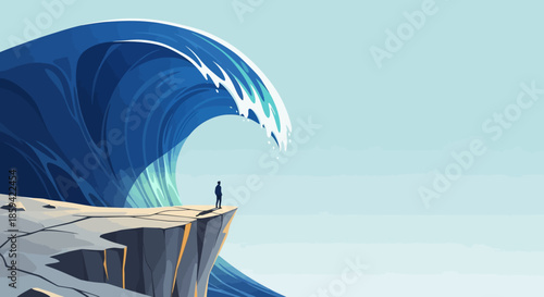 Cliff Surfer Facing Giant Wave