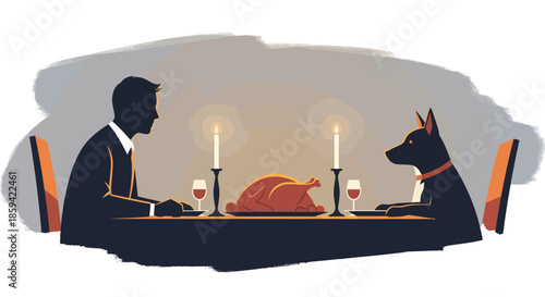 Cozy Dinner With Pets Illustration