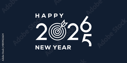 Stylish Happy New Year 2026 greeting with bold white typography on navy blue background, perfect for festive cards, banners, posters, and holiday invitations. Clean, modern vector design.