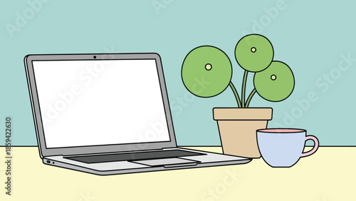 Modern office workspace with laptop, coffee, and plants on a desk viewed from the side.