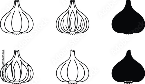 Vector Icon Set Featuring Garlic Bulbs in Multiple Styles Including Thin Outline Detailed Line and Bold Solid Silhouettes