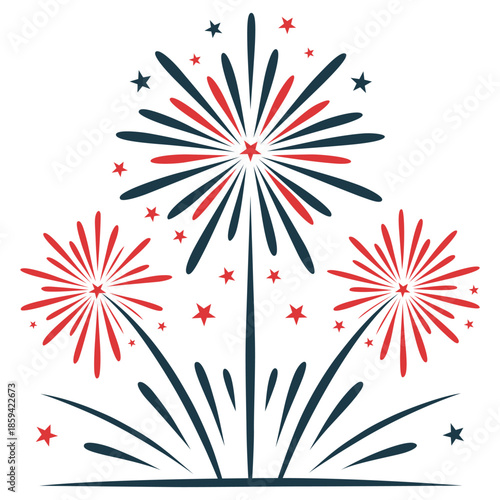 Festive fireworks display with red and dark blue bursts and stars