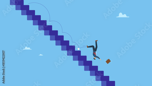 Misfortune businessman fall down stairs in economic crisis or career stumble. Business risk, mistake or failure, challenge or problem and difficulty, accident causing bankruptcy.