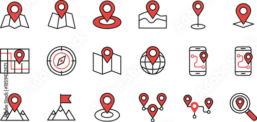 Two Tone Vector Icon Set Featuring Red Map Pins Folded Maps Global Navigation Mountain Summits and Mobile Route Tracking