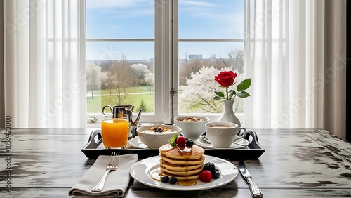 Elegant breakfast table by window, coffee, juice, dessert, soft daylight, cozy home atmosphere, luxury lifestyle food photography.