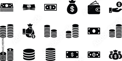Solid Black Vector Icon Set Featuring Stacked Banknotes Coins Money Bags Wallets and Financial Transaction Symbols for Banking Dashboards
