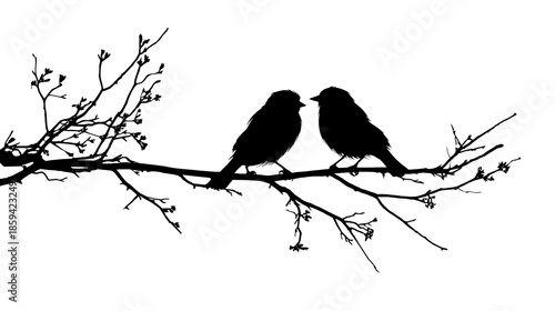 Love birds perched on a tree branch, vector black silhouette