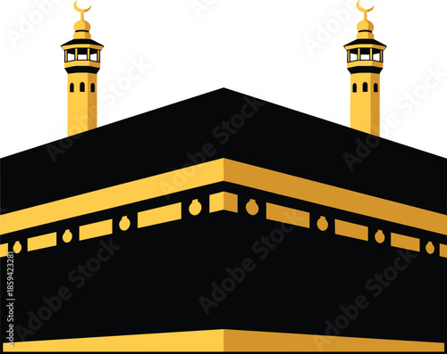 PrintHoly Kaaba vector illustration with gold details and minarets for Islamic religious festivals Ramadan Kareem Eid Mubarak Hajj pilgrimage and Muslim prayer background.