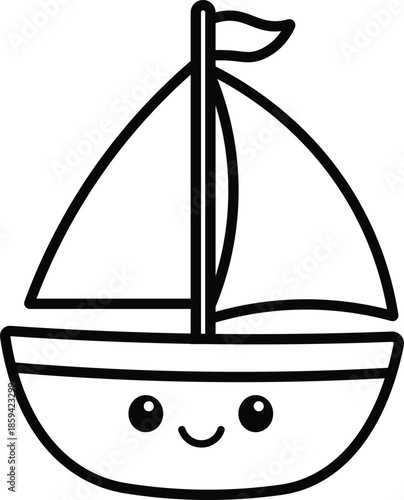 Cute Smiling Sailboat Outline Icon for Kids Coloring