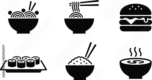 Solid Black Vector Icon Set Featuring Global Food Dishes Including Ramen Bowls Sushi Platters Rice and Gourmet Burgers