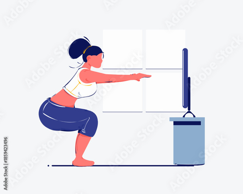 A flat vector illustration of a woman in a white top and blue leggings performing a squat exercise in a room with a large window and a television.