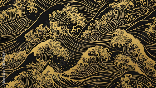 Traditional Japanese ukiyo e style ocean waves pattern rendered in elegant black and gold texture