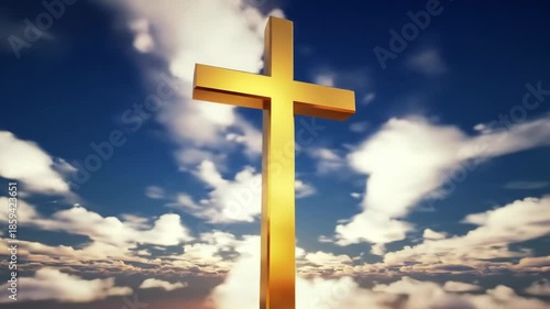 Golden Cross in the Sky with Clouds, Religious Symbolism and Faith.