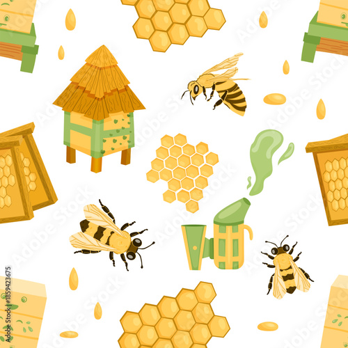 Playful seamless pattern featuring buzzing bees, traditional beehives, honeycombs, and droplets of golden honey. Perfect for beekeeping themed packaging, textile design, or children products.