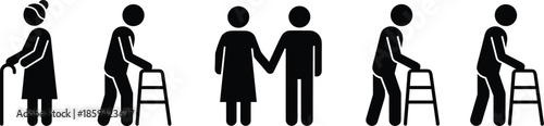 Solid Black Vector Icon Set Featuring Elderly Figures with Walking Sticks Walkers and Senior Couples for Healthcare Interfaces