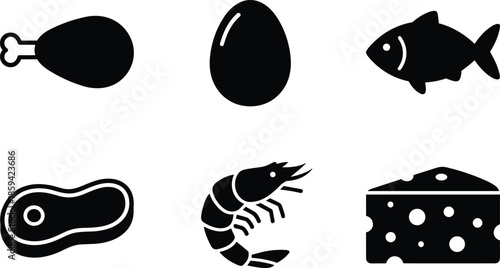 Solid Black Vector Icon Set Featuring Essential Proteins and Dairy Including Poultry Eggs Fish Meat Shrimp and Cheese