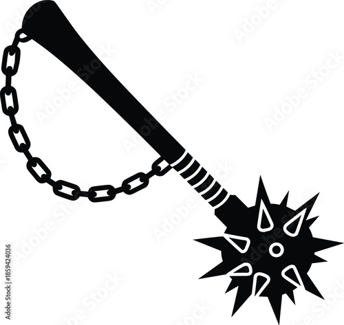A detailed black silhouette illustration of a medieval flail weapon with a spiked ball