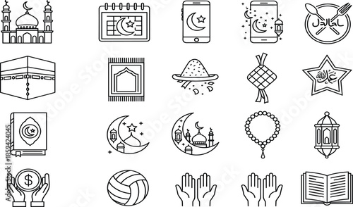 Detailed grand mosque silhouette vector illustration with multiple minarets and domes for Islamic religious festivals Ramadan Kareem Eid Mubarak and Muslim background.