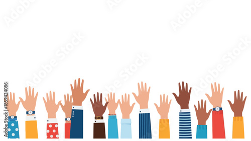 Open hands raised, showing different skin tones, representing diversity, multiethnic communities, and inclusion.