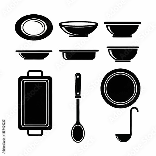 Collection of various kitchen utensils and dishware in black silhouette.