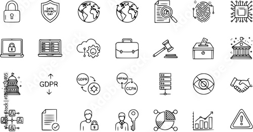 Data Privacy and Security Icons: Global Protection, Compliance  Technology