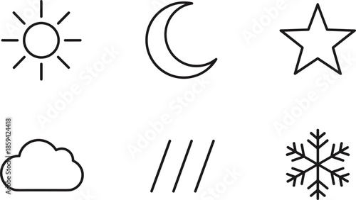 Outline Vector Icon Set Featuring Sun Moon Star Cloud Rain and Snowflake Symbols for Weather Forecasting and Atmospheric Design