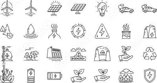 Renewable Energy and Green Technology Line Art Icons: Sustainable Power and Eco-Friendly Symbols