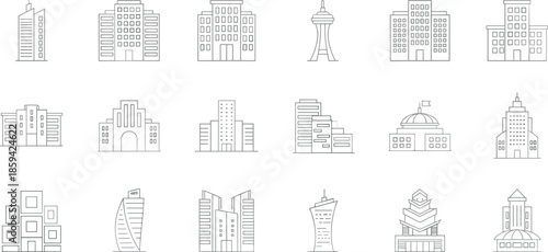 Outline Vector Icon Set Featuring Modern City Skyscrapers Corporate Office Buildings Observation Towers and Institutional Urban Architectural Structures