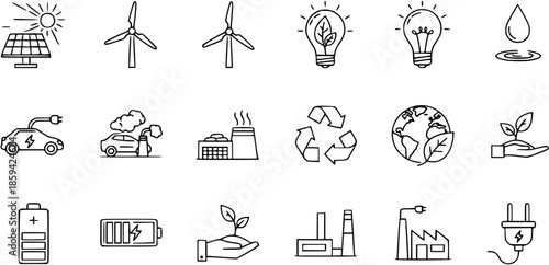 Environmental Icons: Renewable Energy, Nature, and Sustainability Concepts