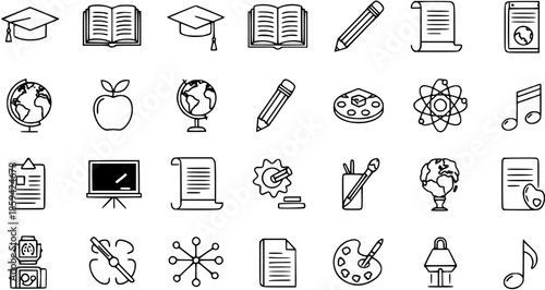 Education and Learning Icons - Graduation Cap, Books, Globe, Pencil