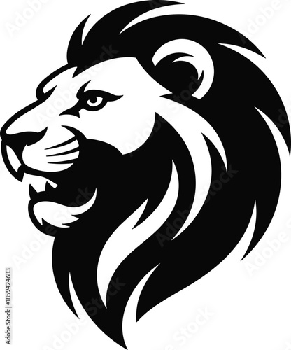 A striking black and white illustration showcasing the majestic head of a male lion
