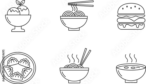 Outline Vector Icon Set Featuring International Cuisine Elements Including Noodle Bowls Burgers Dumplings Soup and Dessert Food Symbols