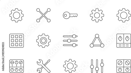 Outline Vector Icon Set Featuring Gear Cogs Settings Sliders Wrench Hand Tools and Digital Interface Configuration Control Symbols