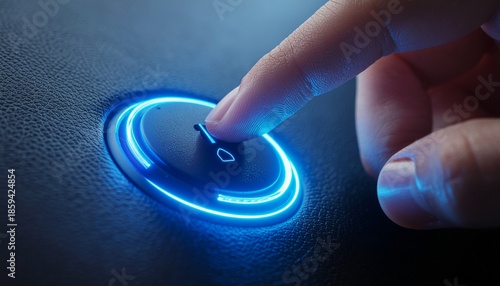 Wallpaper Mural Close Up of Finger Pressing a Glowing Blue Power Button on Dark Textured Surface Torontodigital.ca