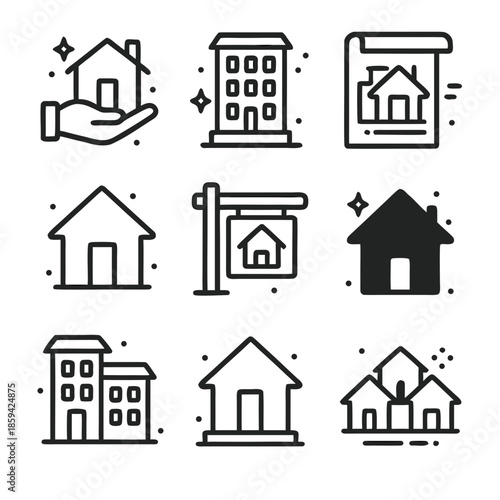 House vector icons with nine unique building concepts for diverse design projects, suitable for real estate websites or construction brochures.